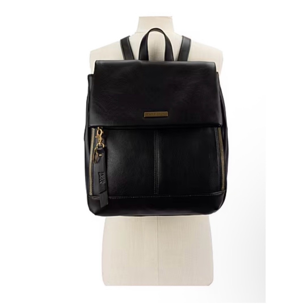 NWOT: Frye and Co Black Faux Leather Backpack Gold Hardware Snap Closure Bag - Picture 1 of 11